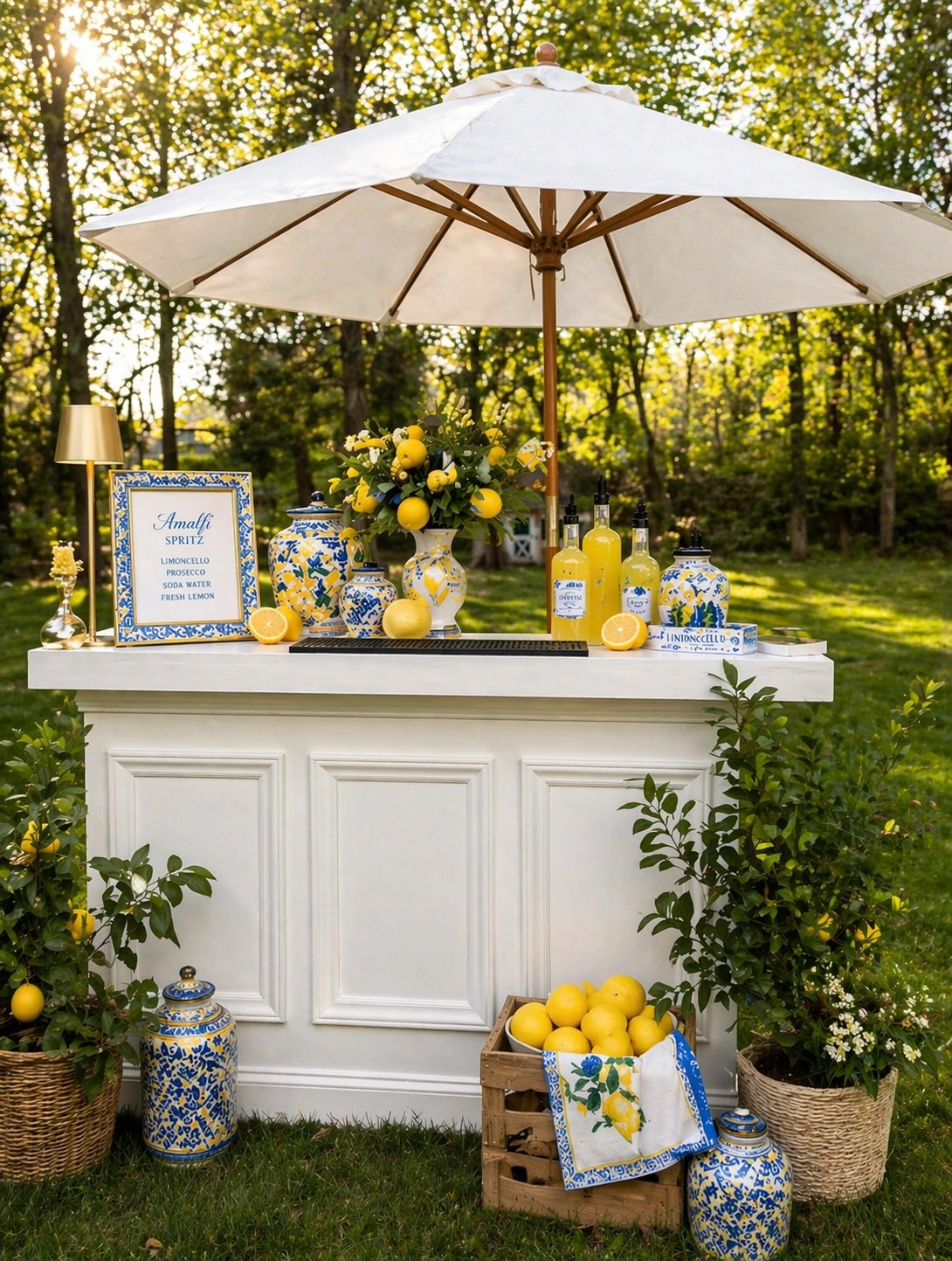Flutes & Foam white bar styled for an outdoor celebration